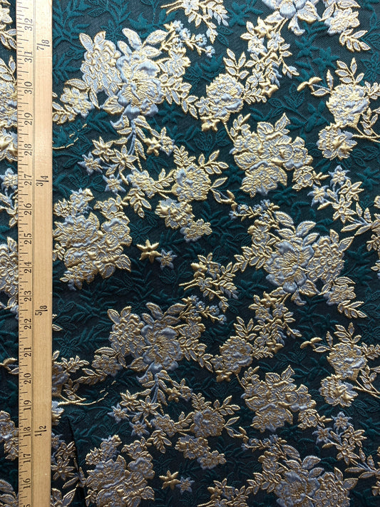 DARK TEAL GOLD Floral Brocade Fabric (60 in.) Sold By The Yard