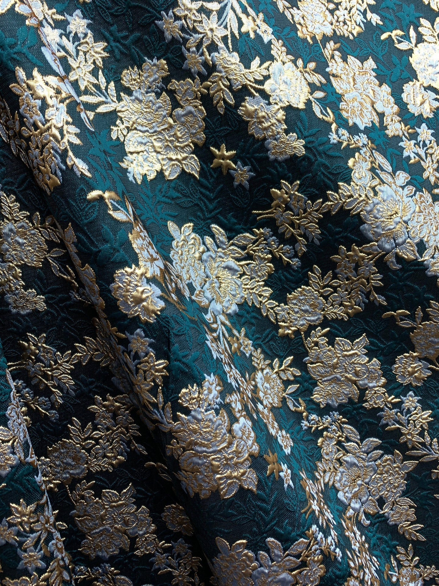 DARK TEAL GOLD Floral Brocade Fabric (60 in.) Sold By The Yard