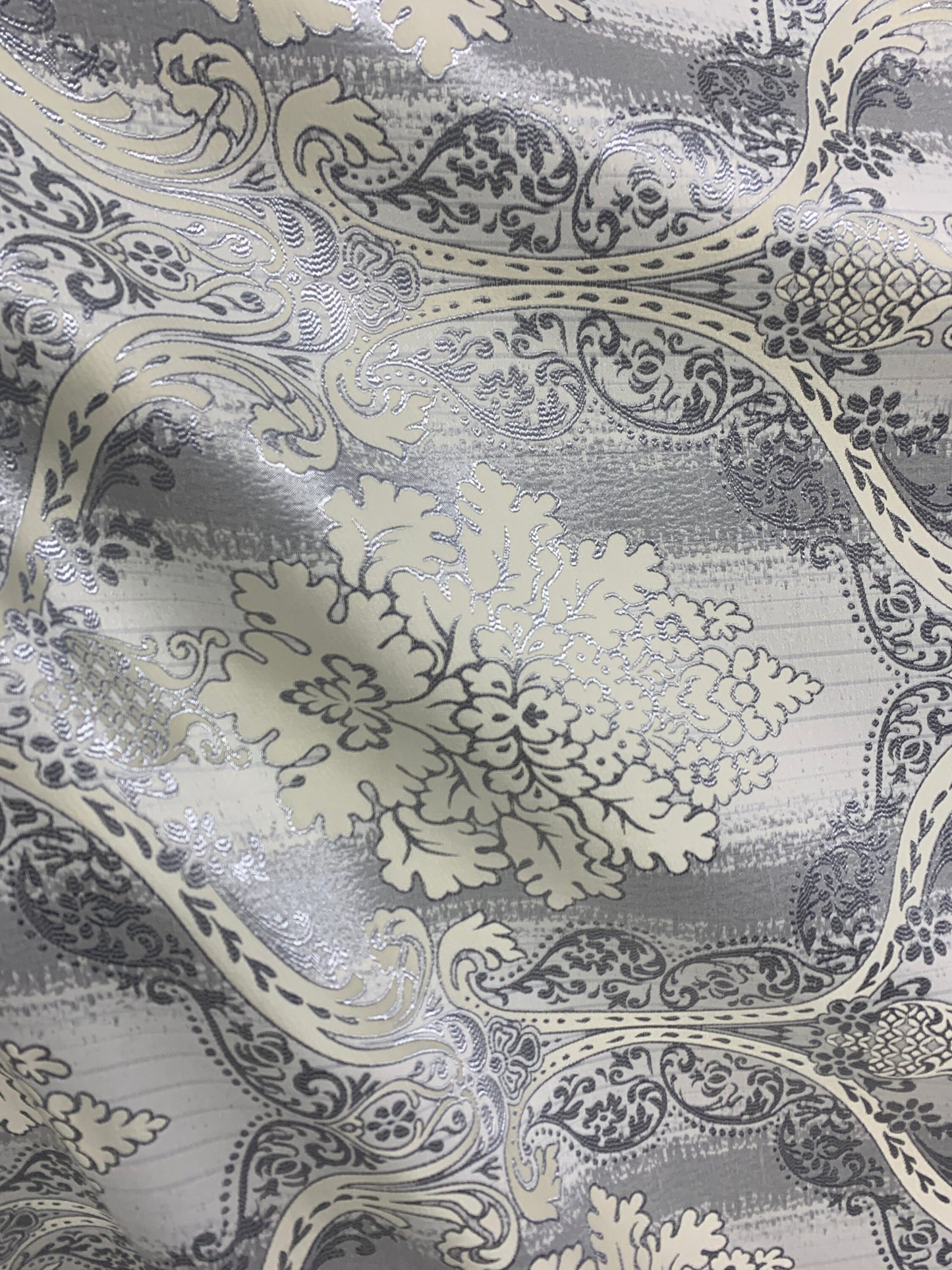 GRAY IVORY Damask Brocade Upholstery Drapery Fabric (110 in.) Sold By The Yard