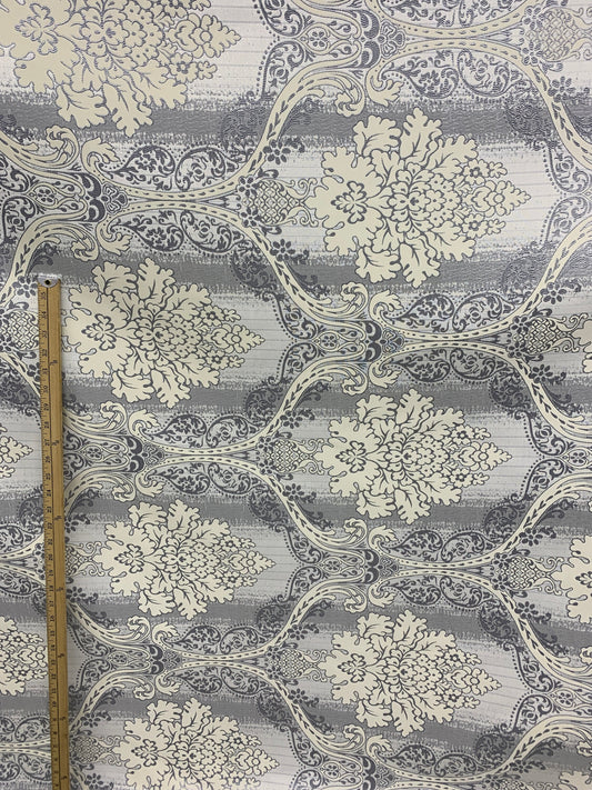 GRAY IVORY Damask Brocade Upholstery Drapery Fabric (110 in.) Sold By The Yard