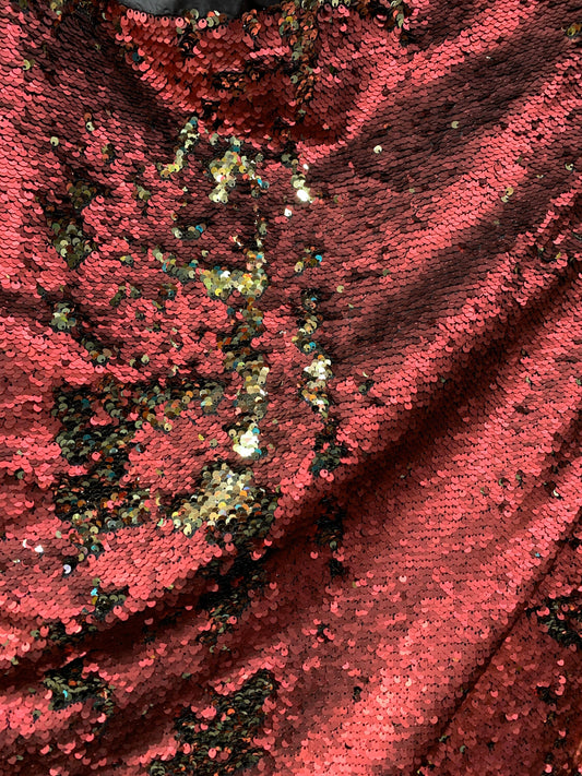 DEEP RED GOLD Reversible Sequins Taffeta Fabric (54 in.) Sold By The Yard