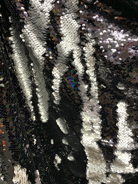 BLACK SILVER Reversible Sequins Taffeta Fabric (54 in.) Sold By The Yard