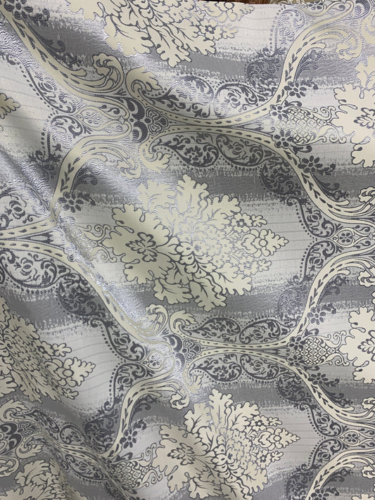 GRAY IVORY Damask Brocade Upholstery Drapery Fabric (110 in.) Sold By The Yard