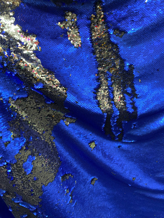 ROYAL BLUE SILVER Reversible Sequins Taffeta Fabric (54 in.) Sold By The Yard