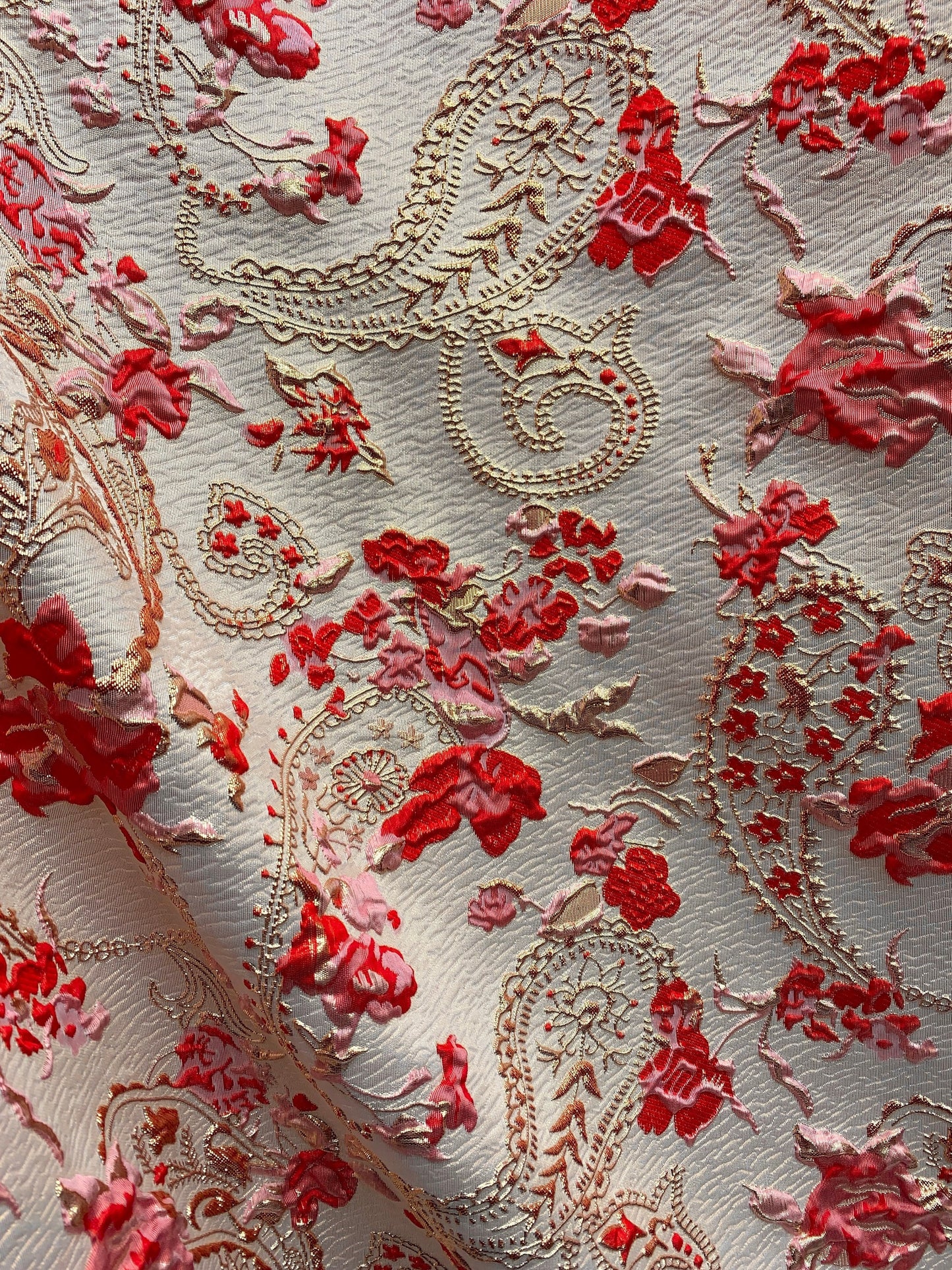 RED PINK GOLD Floral Paisley Brocade Fabric (60 in.) Sold By The Yard