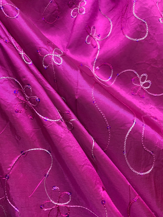 FUCHSIA PINK Floral Sequins Embroidery Taffeta Fabric (60 in.) Sold By The Yard