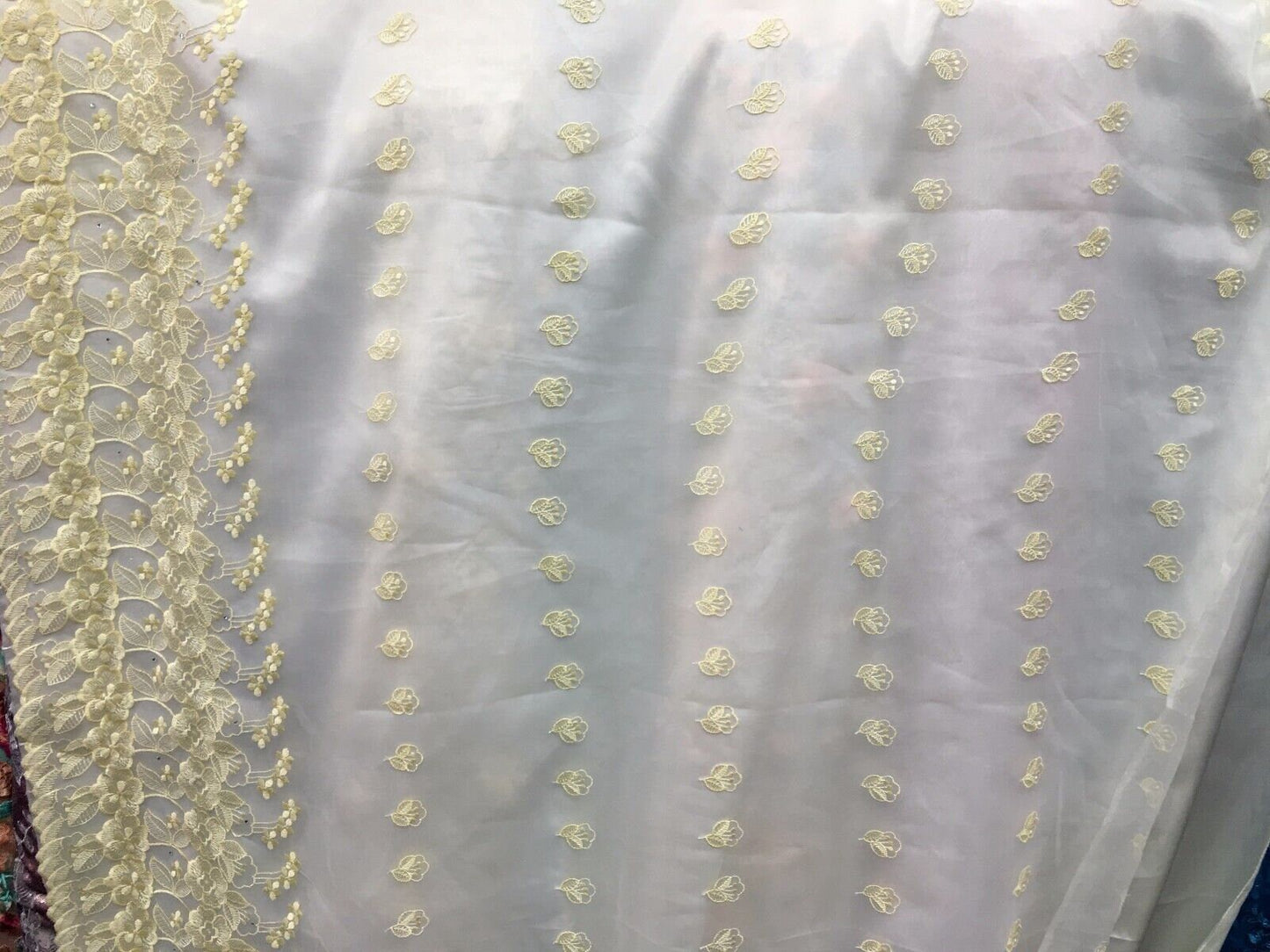 YELLOW IVORY Organza Floral Embroidery Scalloped Lace (50 in.) Sold By The Yard