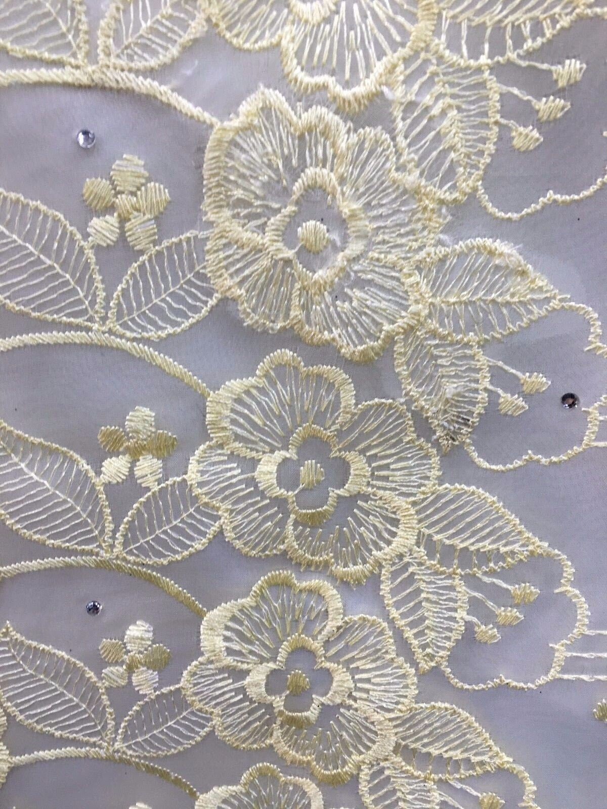 YELLOW IVORY Organza Floral Embroidery Scalloped Lace (50 in.) Sold By The Yard