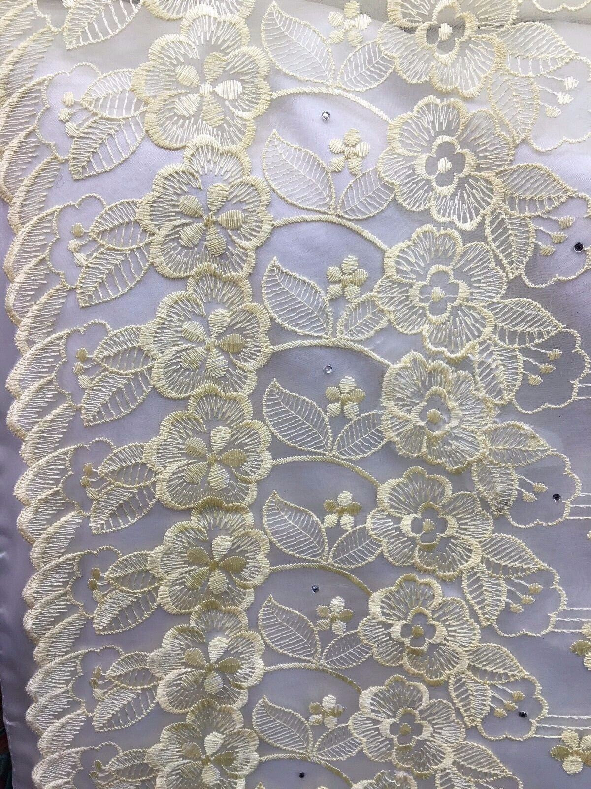 YELLOW IVORY Organza Floral Embroidery Scalloped Lace (50 in.) Sold By The Yard