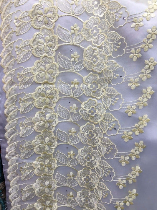 YELLOW IVORY Organza Floral Embroidery Scalloped Lace (50 in.) Sold By The Yard