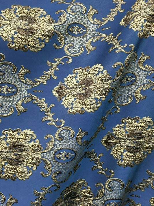 BLUE BEIGE BROWN Damask Brocade Upholstery Drapery Fabric (54 in.) Sold By The Yard