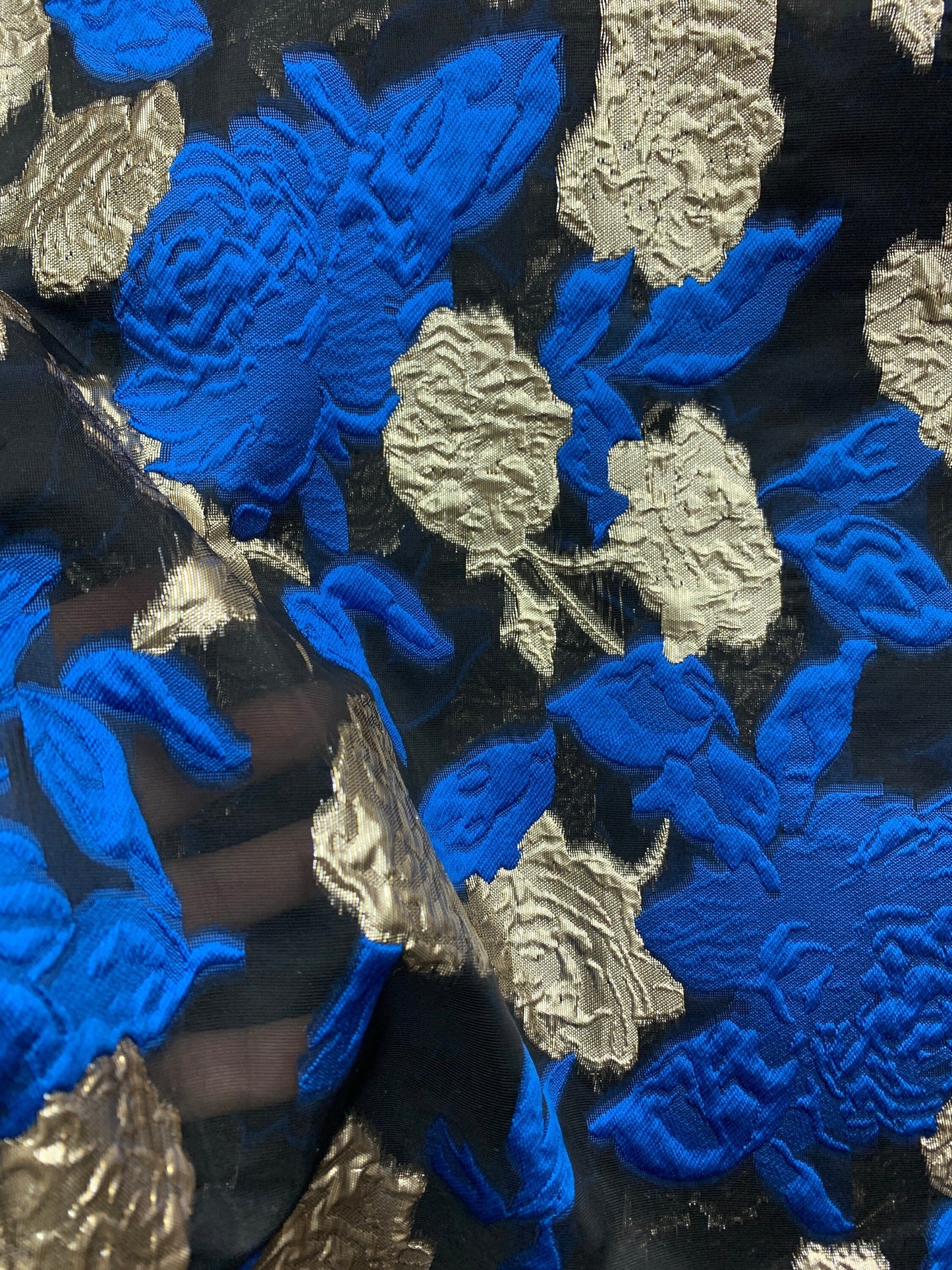 BLUE GOLD BLACK Floral Organza Brocade Fabric (56 in.) Sold By The Yard