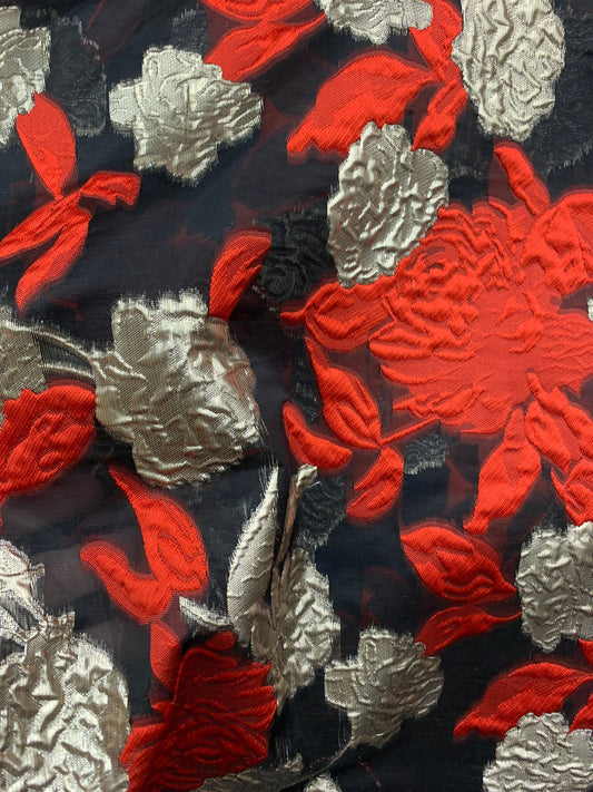 RED GOLD BLACK Floral Organza Brocade Fabric (56 in.) Sold By The Yard