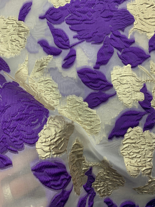 PURPLE GOLD WHITE Floral Organza Brocade Fabric (56 in.) Sold By The Yard