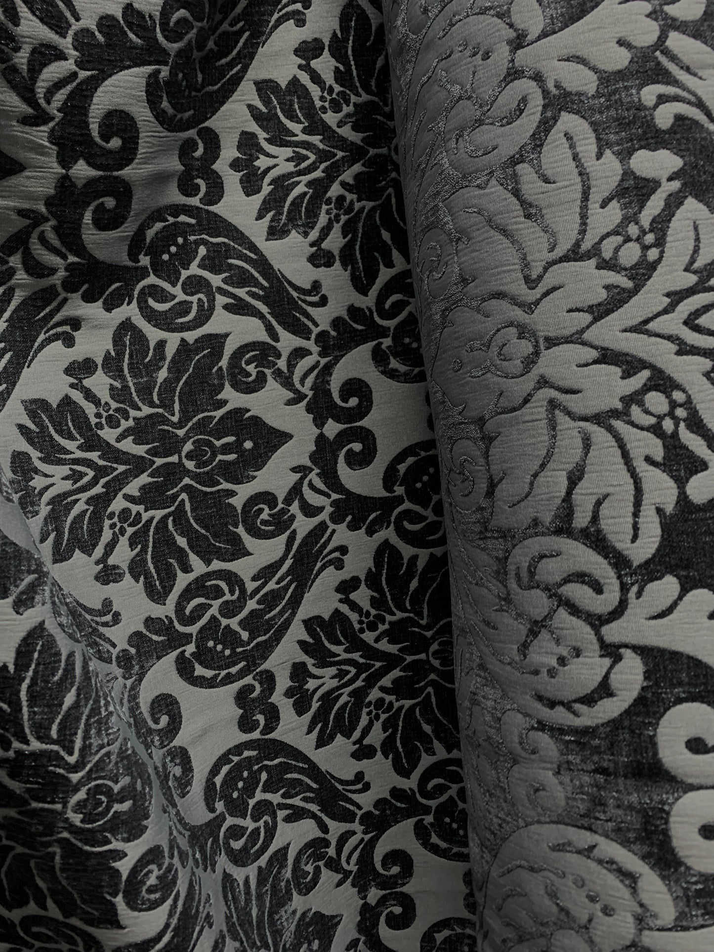 DARK GRAY Damask Chenille Upholstery Brocade Fabric (54 in.) Sold By The Yard