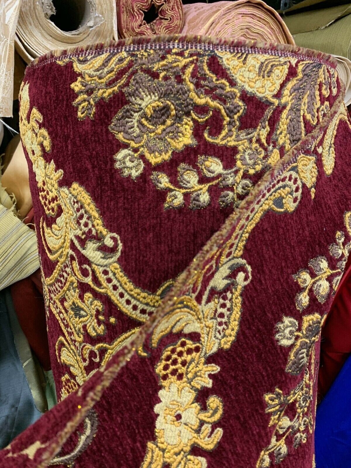 BURGUNDY GOLD Damask Chenille Upholstery Brocade Fabric (54 in.) Sold By The Yard