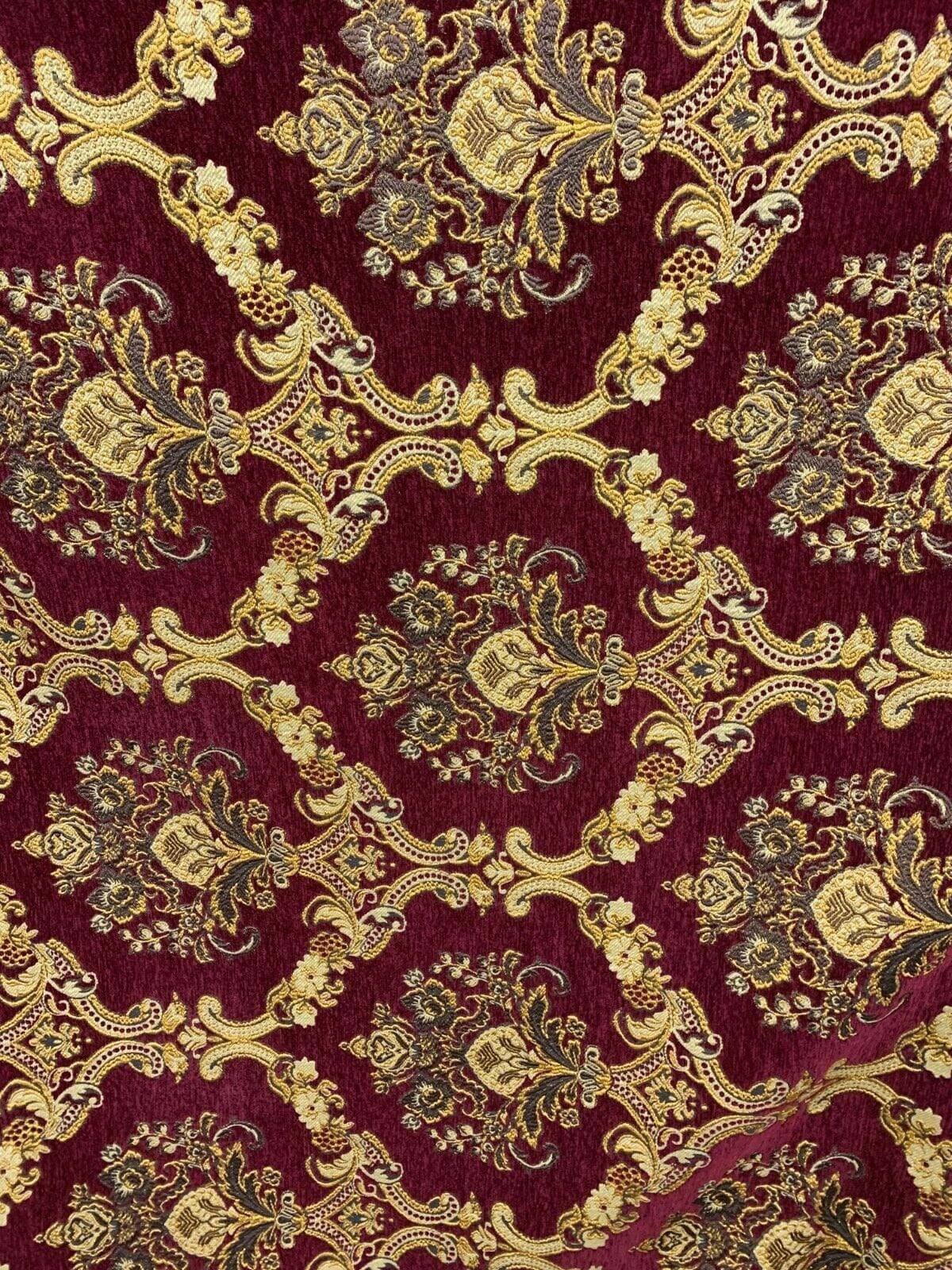 BURGUNDY GOLD Damask Chenille Upholstery Brocade Fabric (54 in.) Sold By The Yard