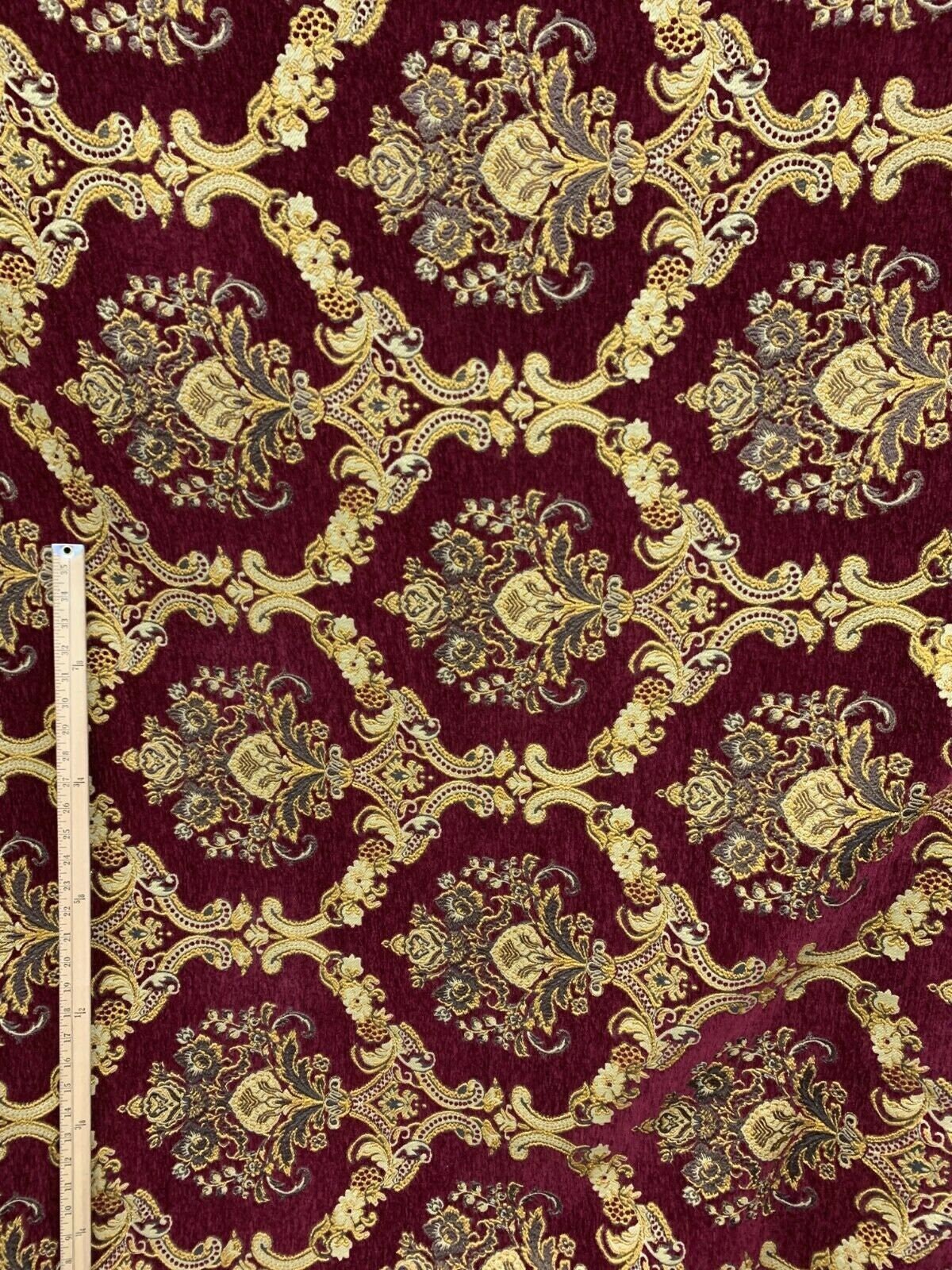 BURGUNDY GOLD Damask Chenille Upholstery Brocade Fabric (54 in.) Sold By The Yard