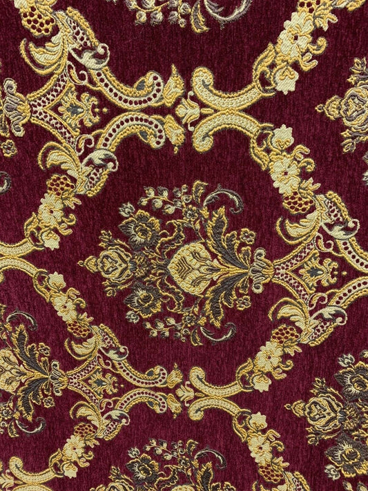 BURGUNDY GOLD Damask Chenille Upholstery Brocade Fabric (54 in.) Sold By The Yard