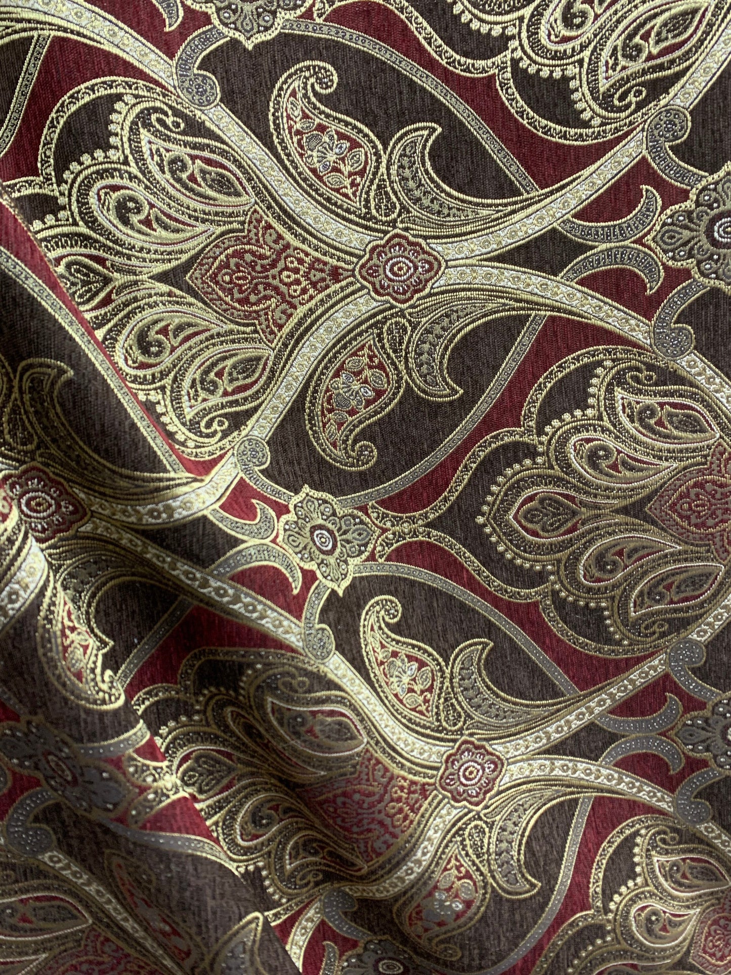 GOLD BROWN BURGUNDY Damask Chenille Upholstery Brocade Fabric (56 in.) Sold By The Yard