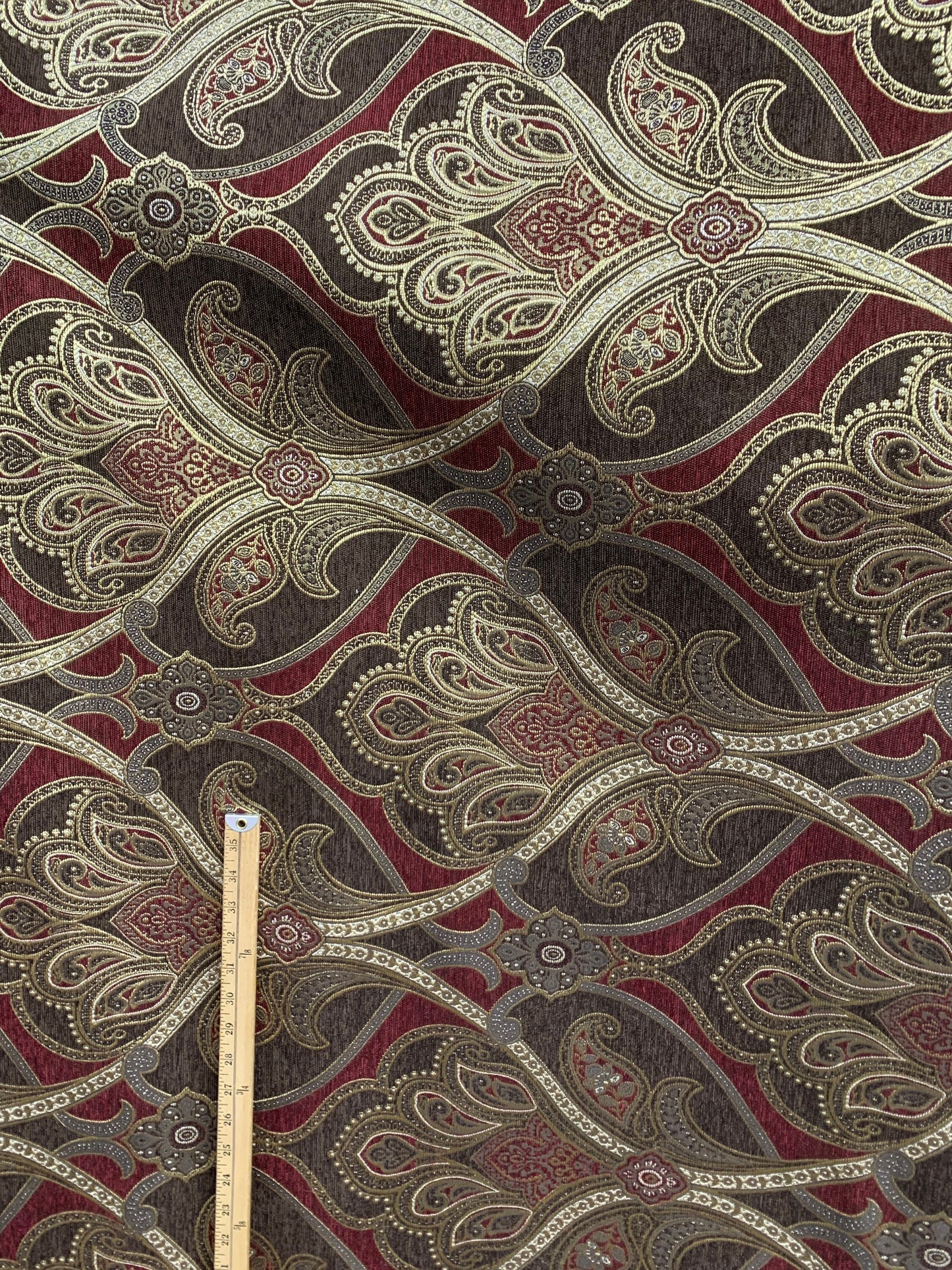 GOLD BROWN BURGUNDY Damask Chenille Upholstery Brocade Fabric (56 in.) Sold By The Yard