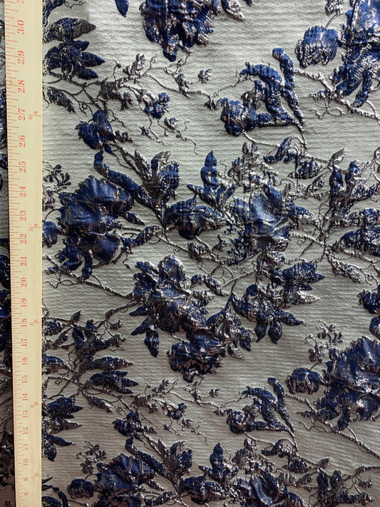 NAVY BLUE SILVER Floral Brocade Fabric (60 in.) Sold By The Yard