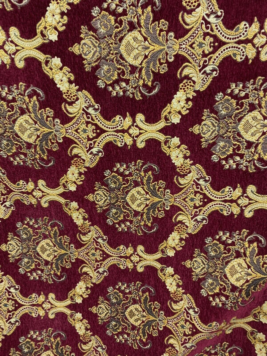 BURGUNDY GOLD Damask Chenille Upholstery Brocade Fabric (54 in.) Sold By The Yard