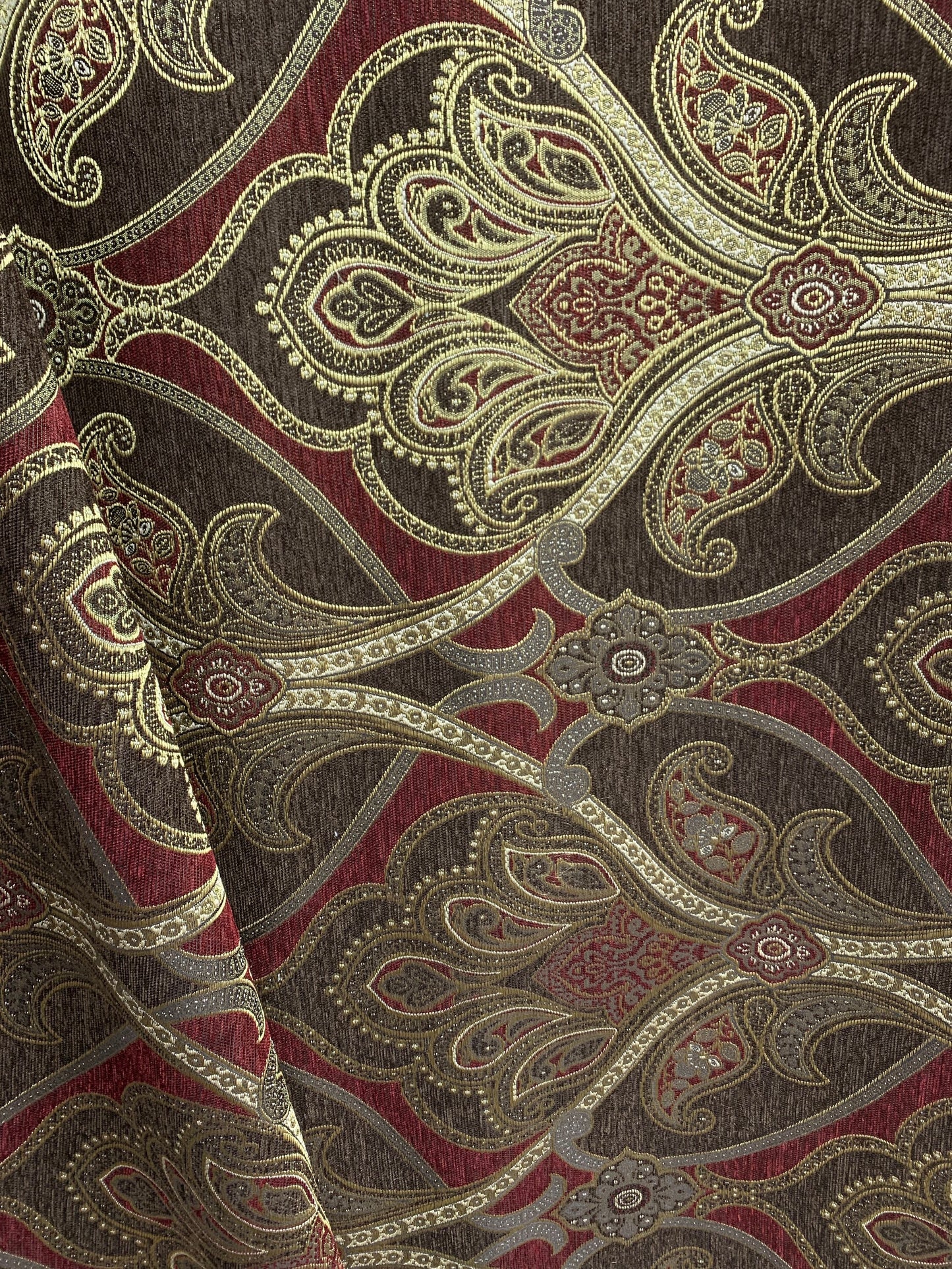 GOLD BROWN BURGUNDY Damask Chenille Upholstery Brocade Fabric (56 in.) Sold By The Yard