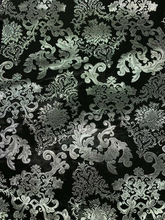 SILVER BLACK Damask Metallic Brocade Fabric (58 in.) Sold By The Yard