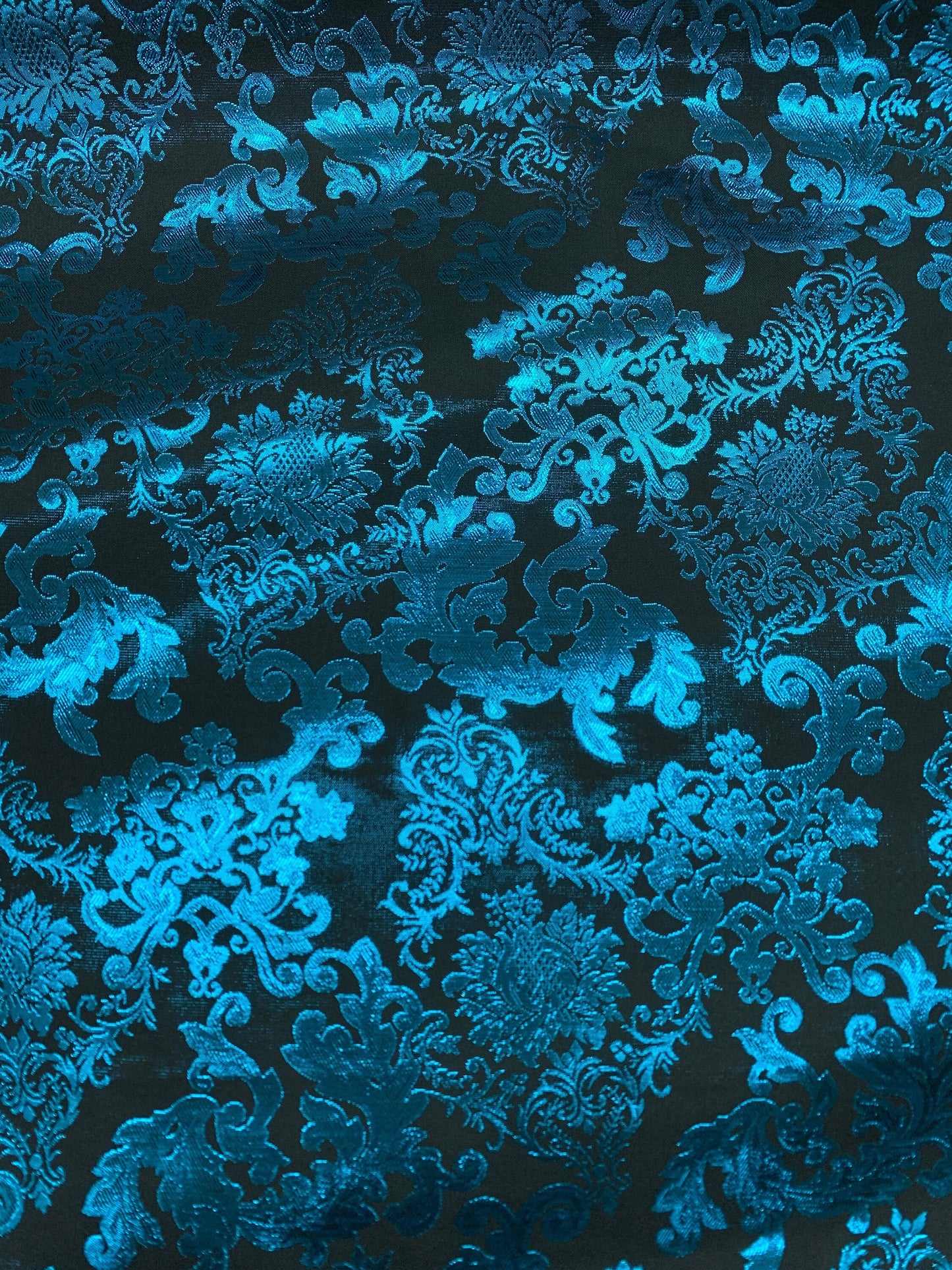 TURQUOISE BLUE BLACK Damask Metallic Brocade Fabric (58 in.) Sold By The Yard