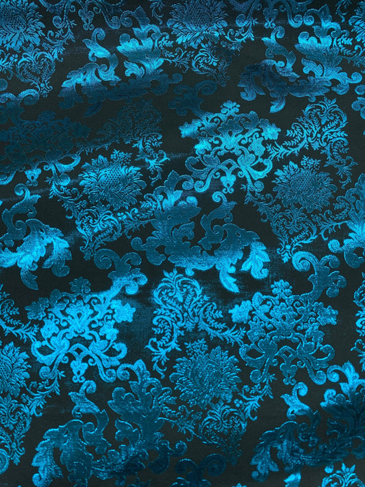 TURQUOISE BLUE BLACK Damask Metallic Brocade Fabric (58 in.) Sold By The Yard