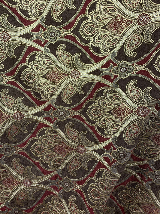 GOLD BROWN BURGUNDY Damask Chenille Upholstery Brocade Fabric (56 in.) Sold By The Yard