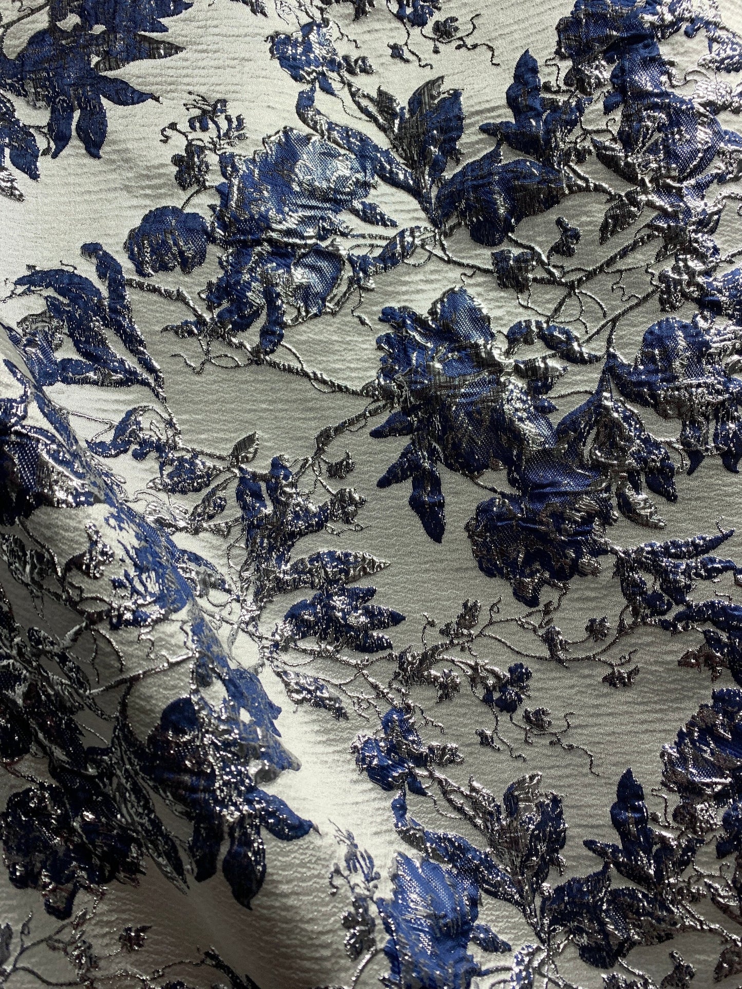 NAVY BLUE SILVER Floral Brocade Fabric (60 in.) Sold By The Yard