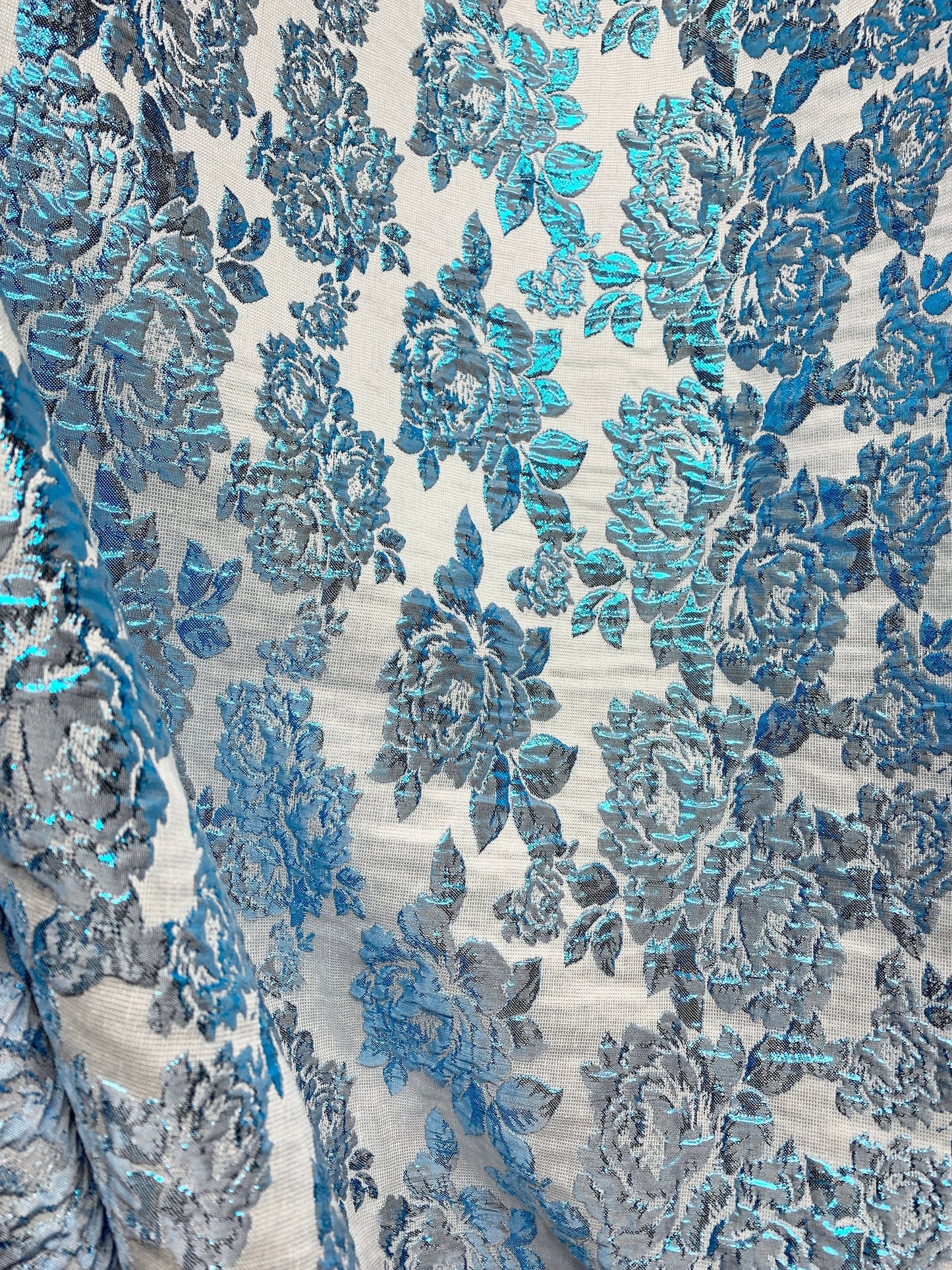 TURQUOISE BLUE WHITE Floral Brocade Fabric (60 in.) Sold By The Yard