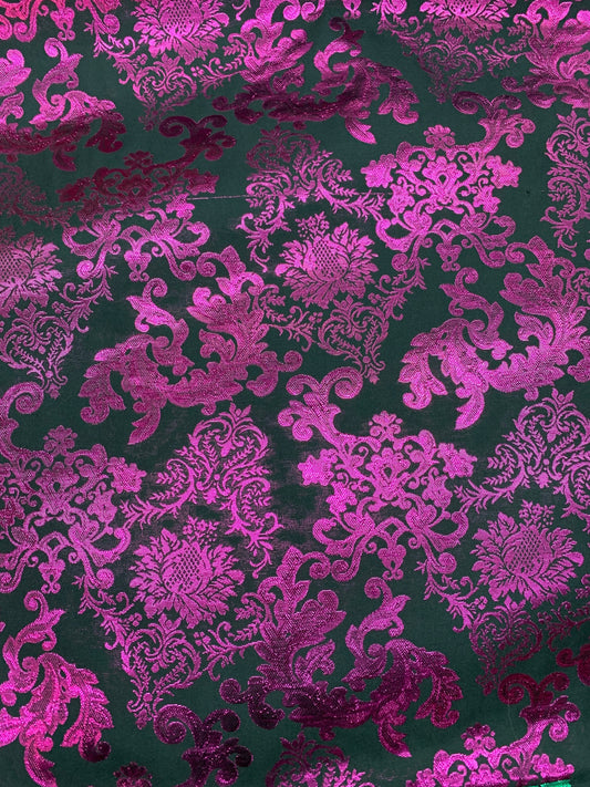 FUCHSIA PINK BLACK Damask Metallic Brocade Fabric (58 in.) Sold By The Yard