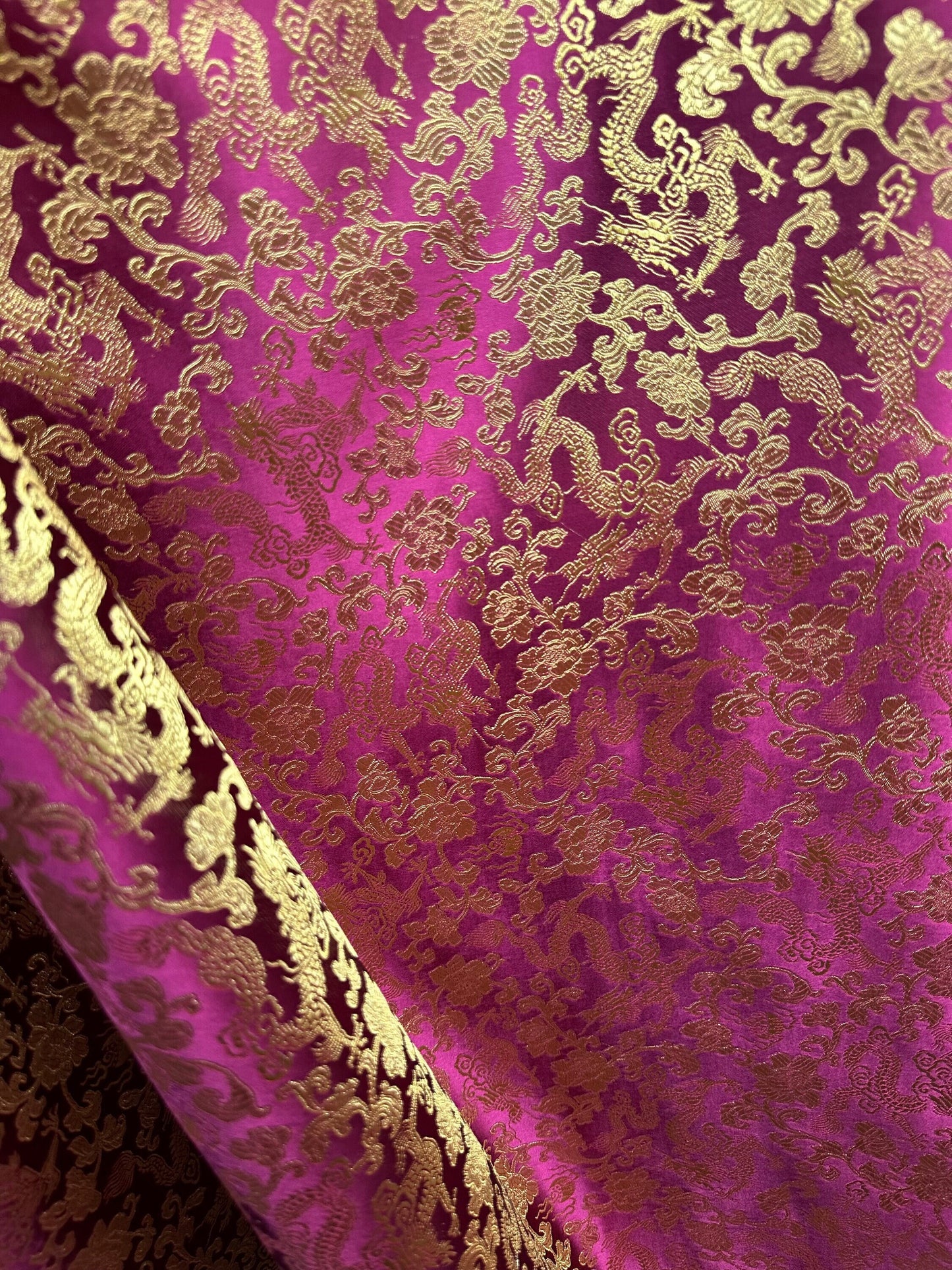 BURGUNDY GOLD Metallic Dragon Floral Brocade Fabric (45 in.) Sold By The Yard