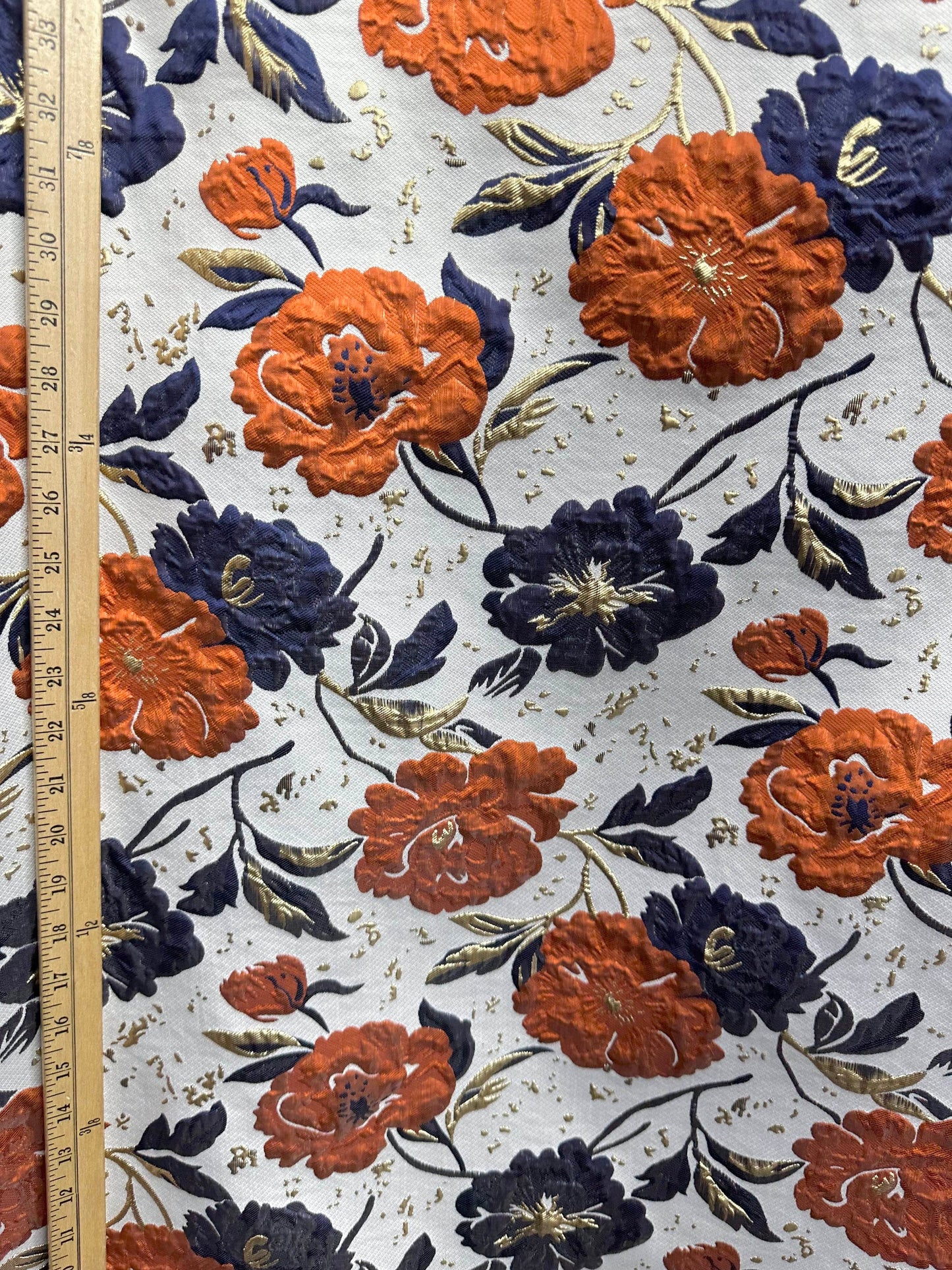 ORANGE NAVY BLUE Floral Brocade Fabric (60 in.) Sold By The Yard