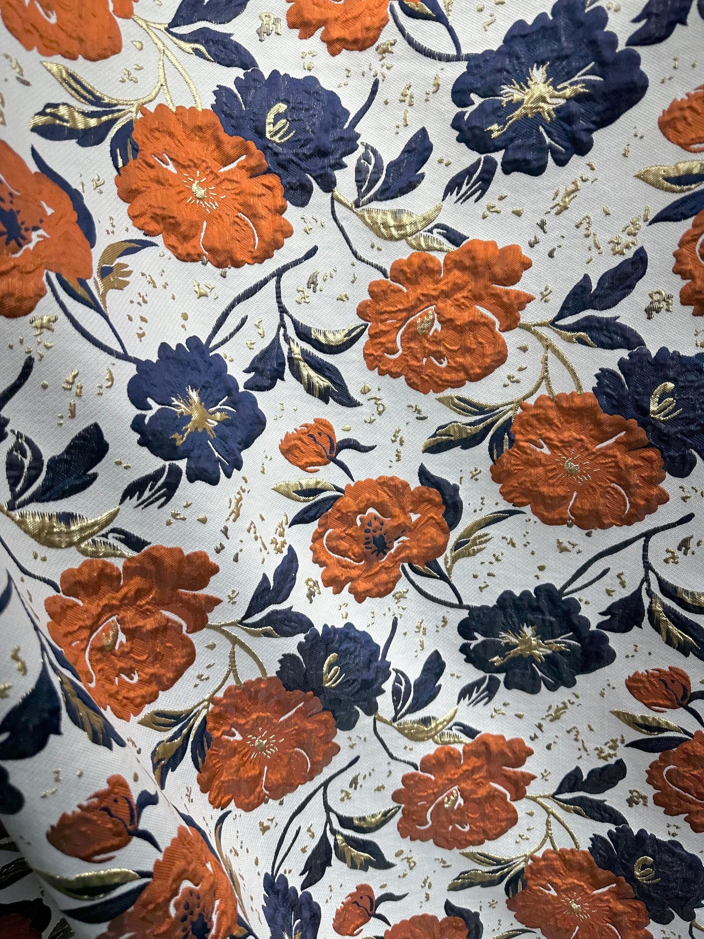 ORANGE NAVY BLUE Floral Brocade Fabric (60 in.) Sold By The Yard