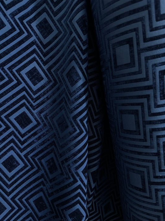 DARK BLUE Geometric Chenille Upholstery Brocade Fabric (54 in.) Sold By The Yard