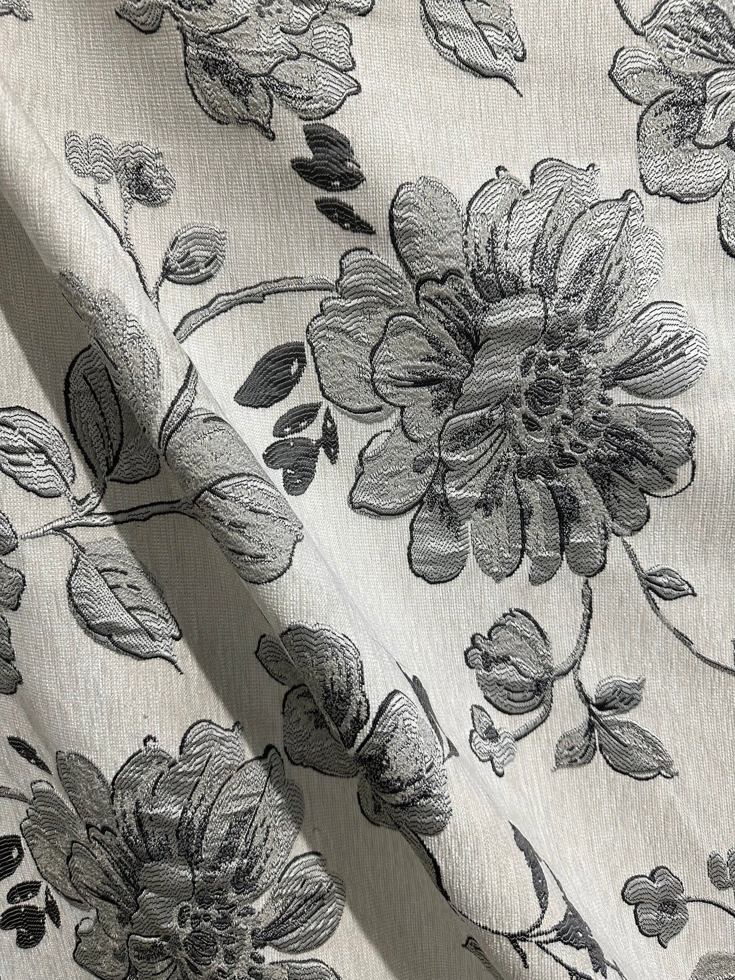 IVORY GRAY Floral Chenille Upholstery Fabric (54 in.) Sold By The Yard