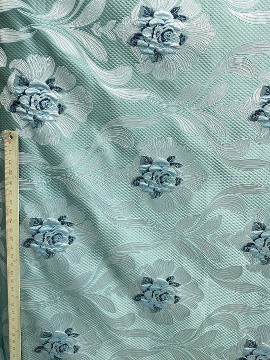 TEAL BLUE Floral Brocade Upholstery Drapery Fabric (54 in.) Sold By The Yard