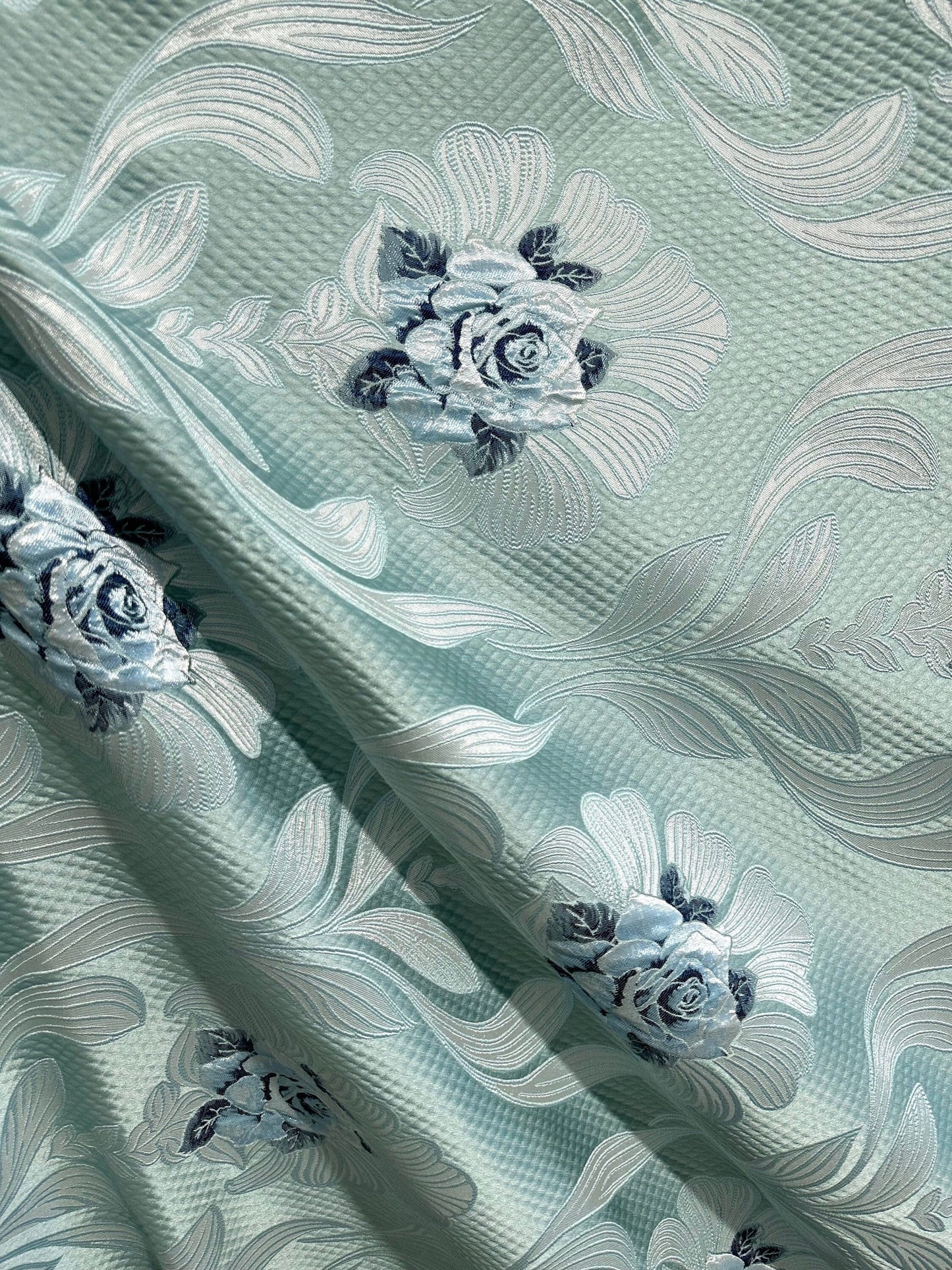 TEAL BLUE Floral Brocade Upholstery Drapery Fabric (54 in.) Sold By The Yard