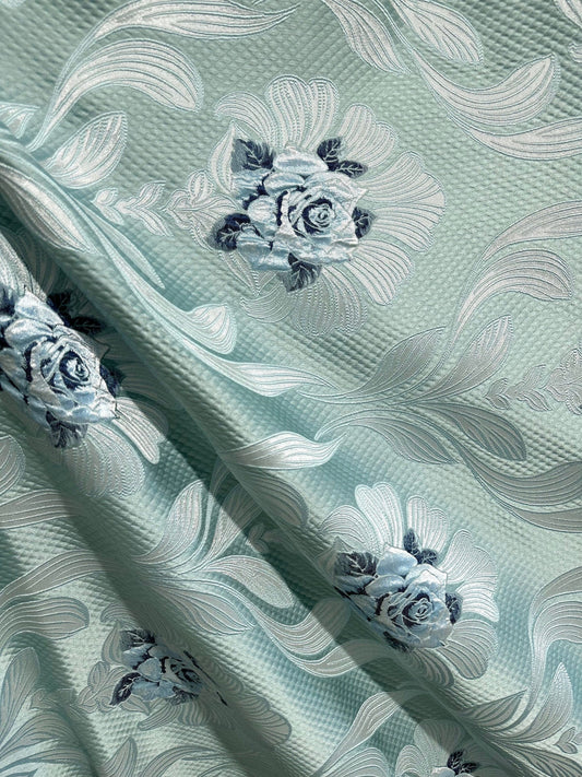 TEAL BLUE Floral Brocade Upholstery Drapery Fabric (54 in.) Sold By The Yard