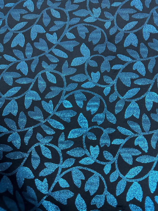 TURQUOISE BLUE BLACK Floral Metallic Brocade Fabric (58 in.) Sold By The Yard