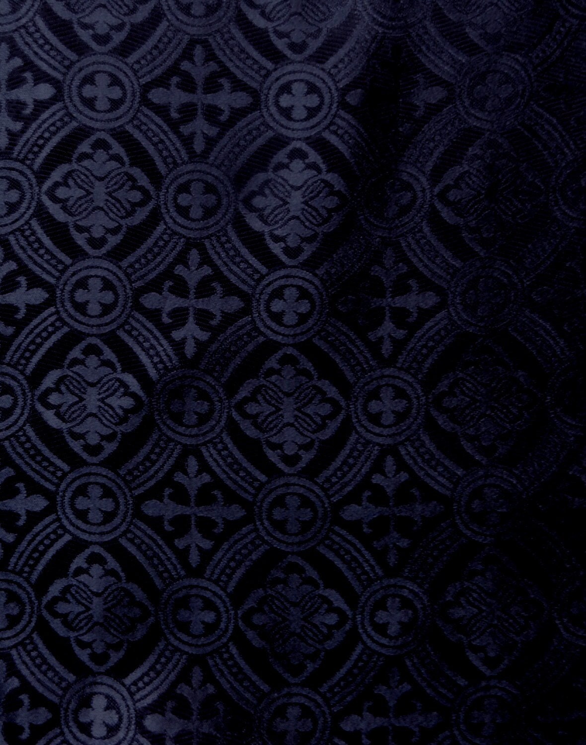 DARK NAVY BLUE Liturgical Cross Brocade Fabric (60 in.) Sold By The Yard