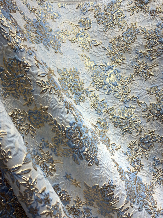 BABY BLUE GOLD Floral Brocade Fabric (60 in.) Sold By The Yard