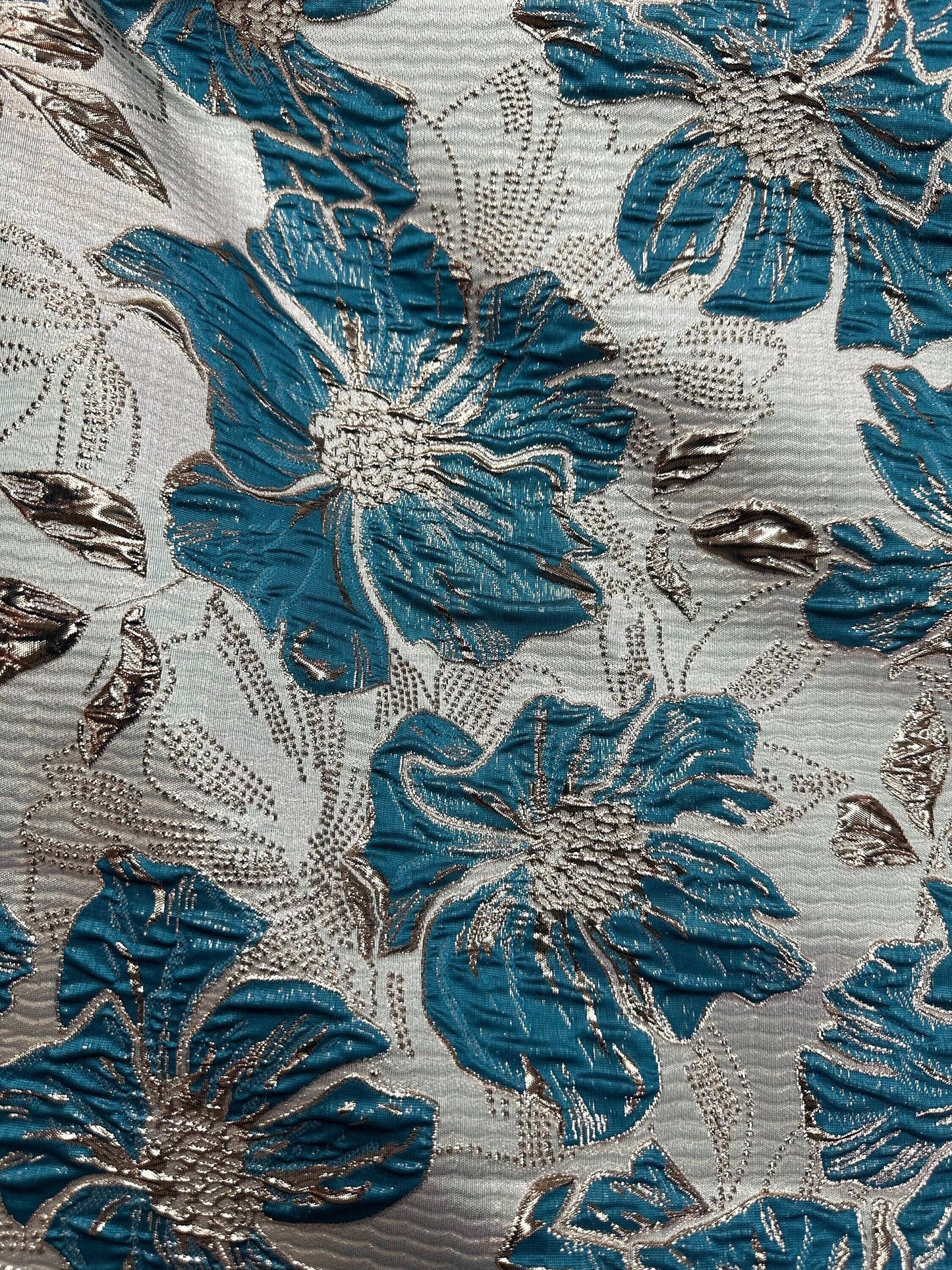 DARK TURQUOISE GOLD Floral Brocade Fabric (60 in.) Sold By The Yard