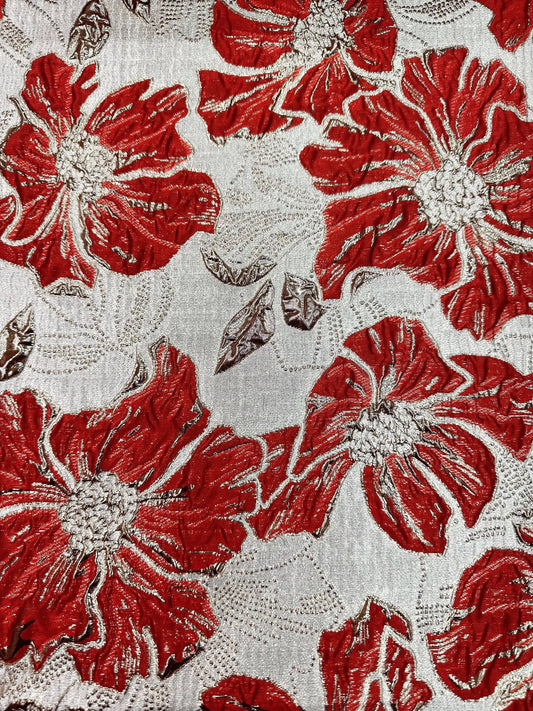 RED GOLD Floral Brocade Fabric (60 in.) Sold By The Yard