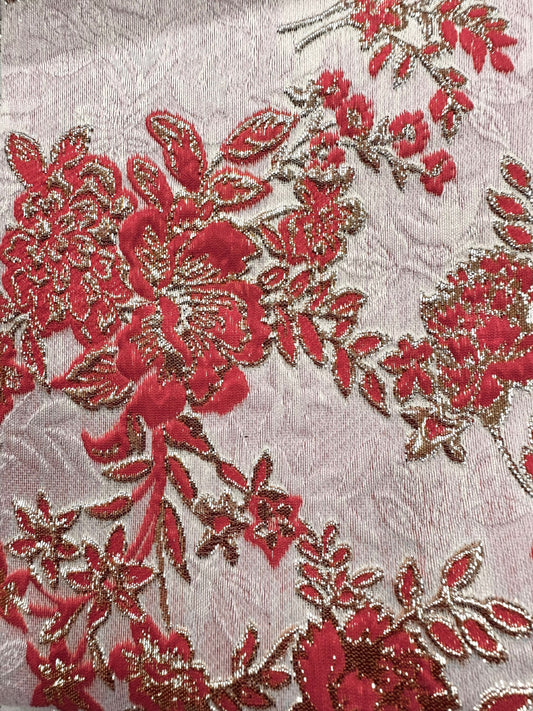 RED GOLD Floral Brocade Fabric (60 in.) Sold By The Yard