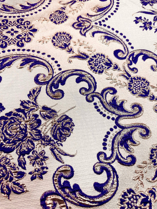 ROYAL BLUE GOLD Floral Brocade Fabric (60 in.) Sold By The Yard